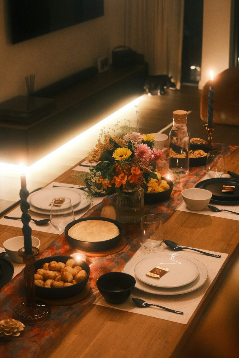 Friends gather around a warmly lit dining table with shared dishes, glasses, candles, and seasonal flowers.